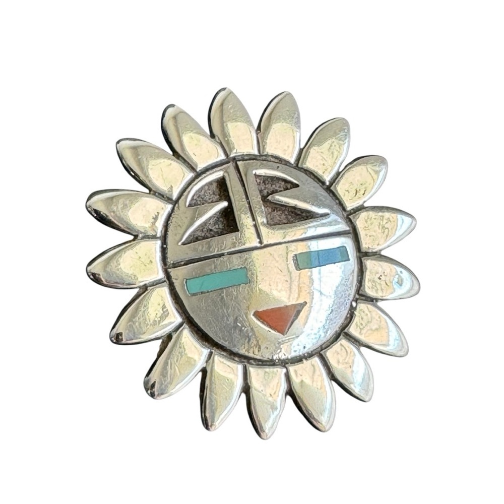 Vintage Sun Face Brooch‎ Turquoise Coral Sterling Silver Zuni Native American